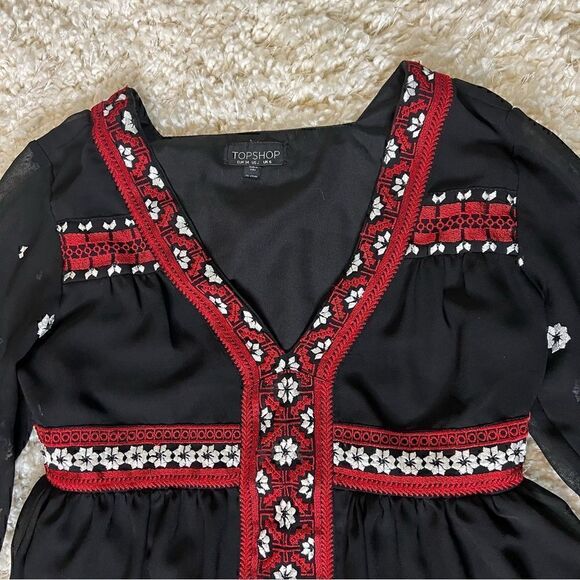 Topshop black embroidered style boho long sleeve top size US 2 - Picture 10 of 11